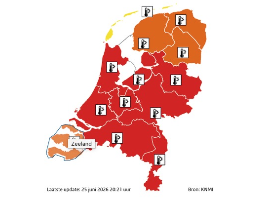Voor vrijdag 26 juni 2026 is een weeralarm Code Rood afgegeven door het KNMI